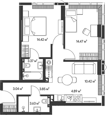 Планировка — Джойс, 3-комн., 58 м²