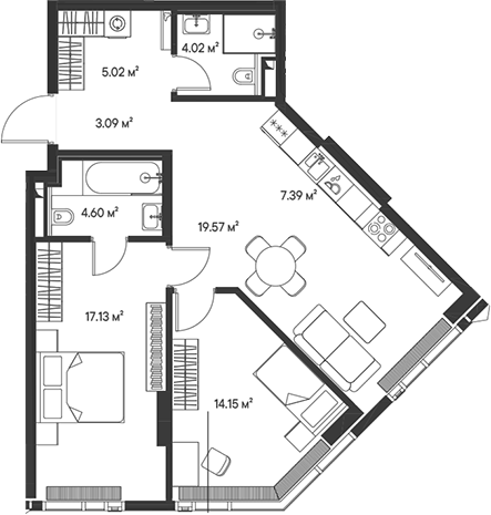 Планировка — Джойс, 3-комн., 75 м²