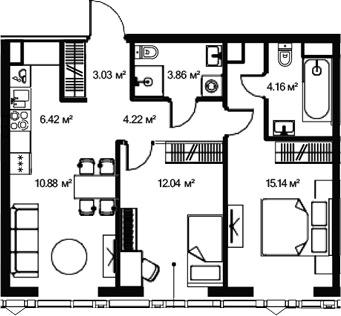 Планировка — Джойс, 3-комн., 60 м²