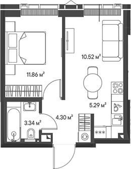 Планировка — Джойс, 2-комн., 35 м²