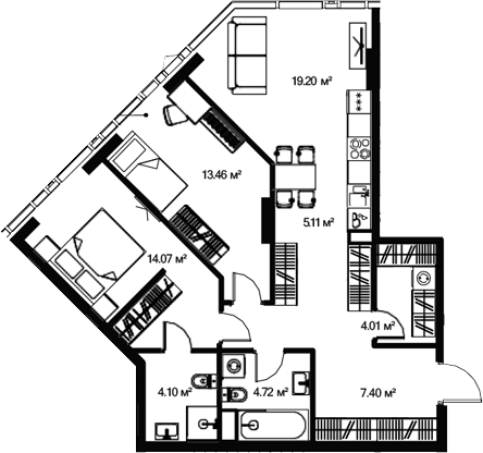 Планировка — Джойс, 3-комн., 77 м²