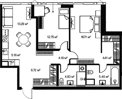 Планировка — Джойс, 3-комн., 74 м²