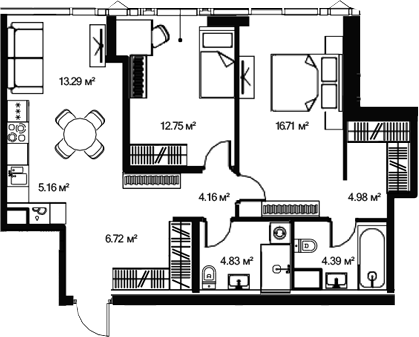 Планировка — Джойс, 3-комн., 72 м²