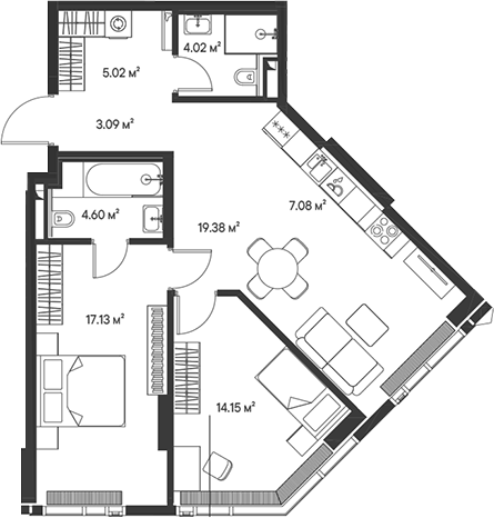 Планировка — Джойс, 3-комн., 74 м²