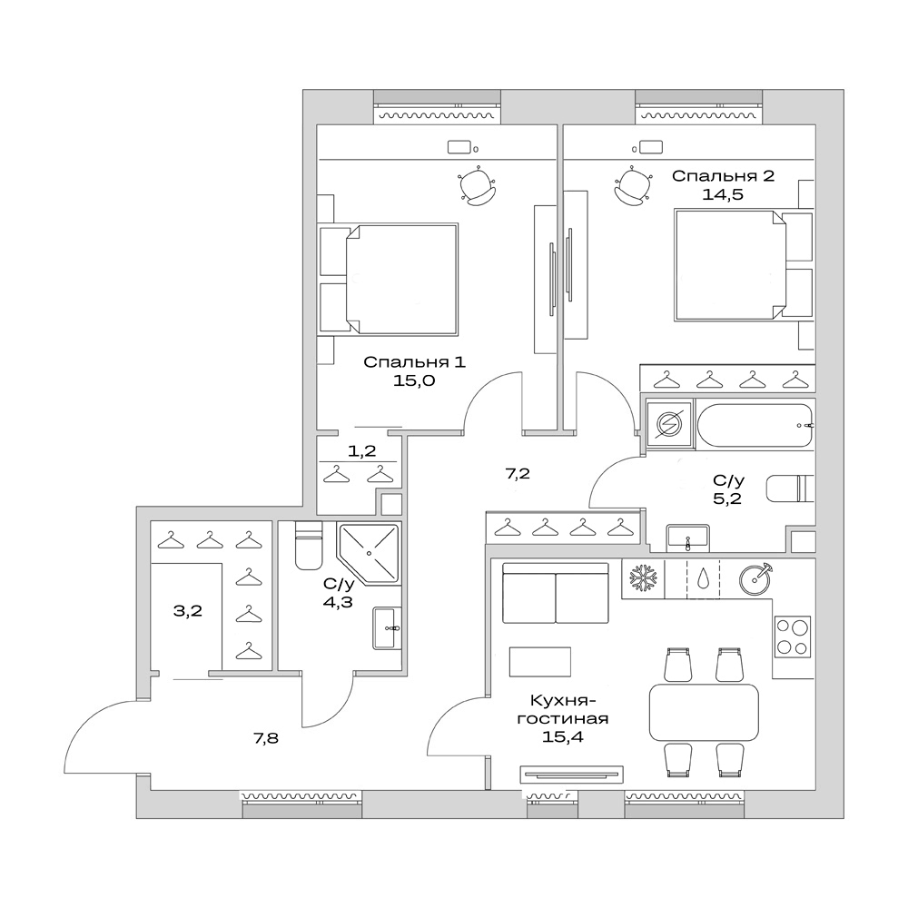 Планировка — Детали, 3-комн., 74 м²