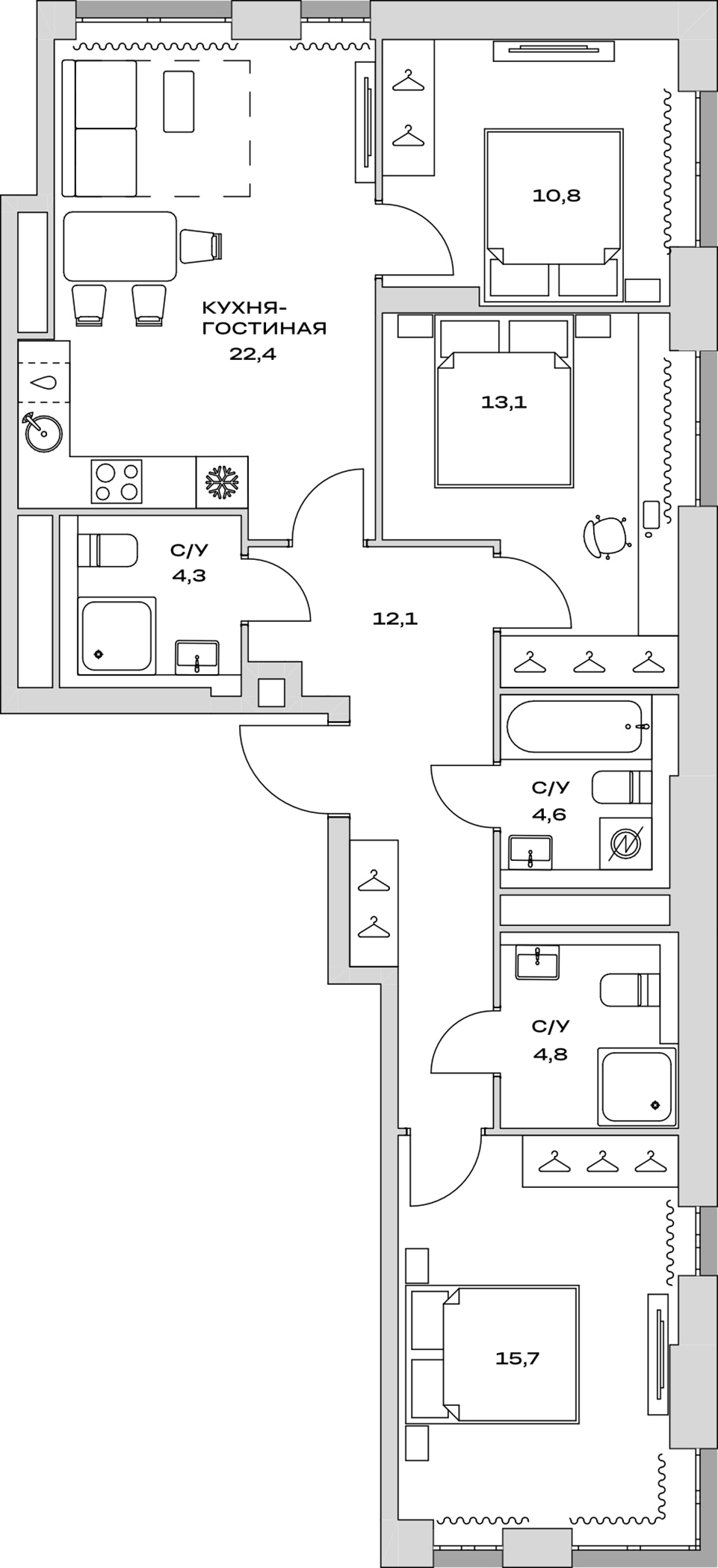 Планировка — Детали, 4-комн., 88 м²