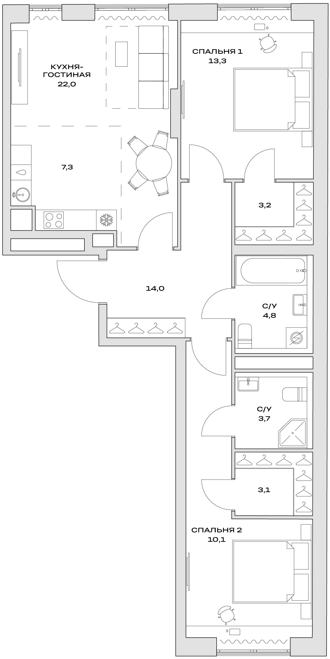 Планировка — Детали, 3-комн., 74 м²