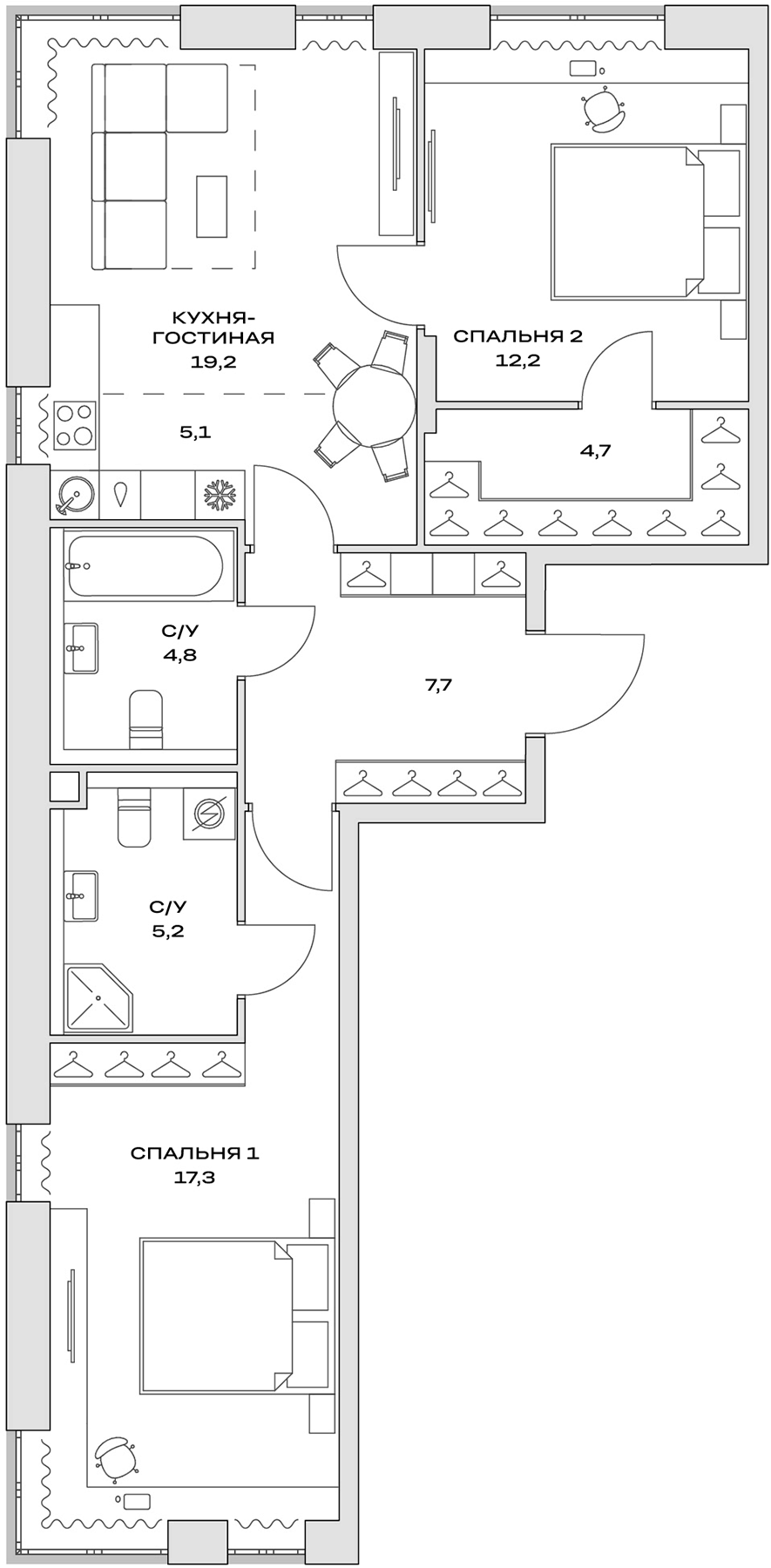Планировка — Детали, 3-комн., 71 м²