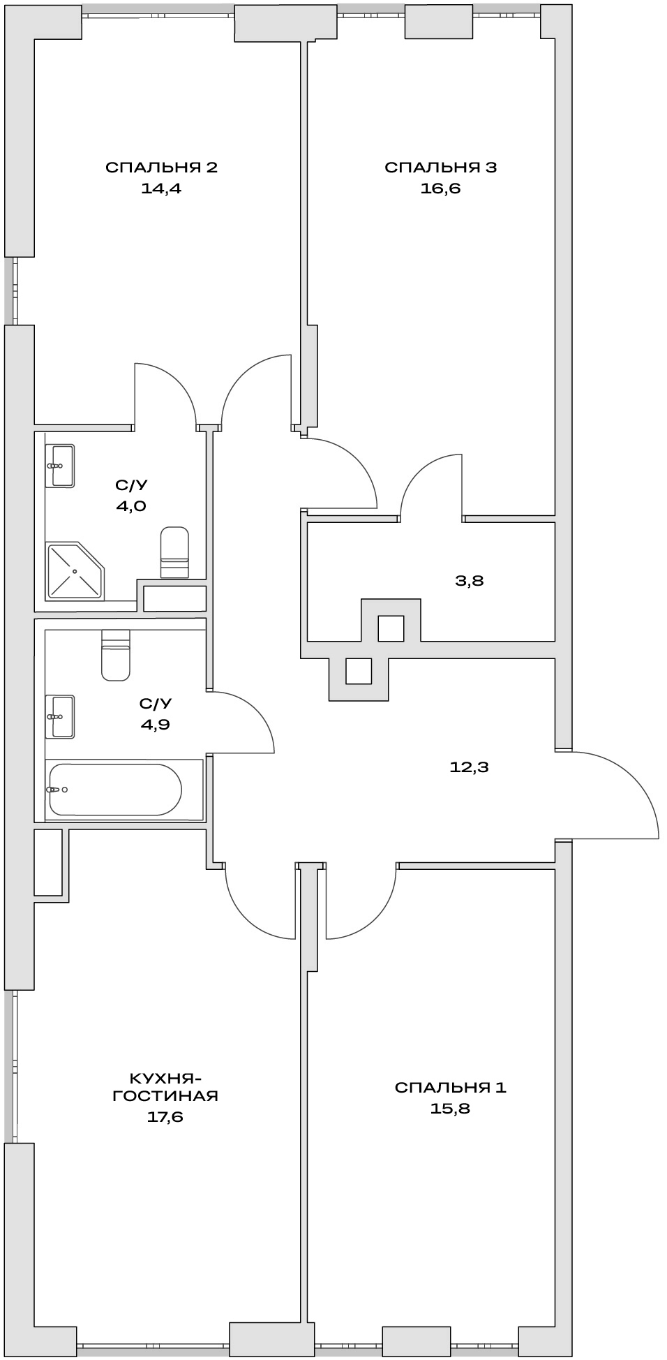 Планировка — Детали, 4-комн., 89 м²