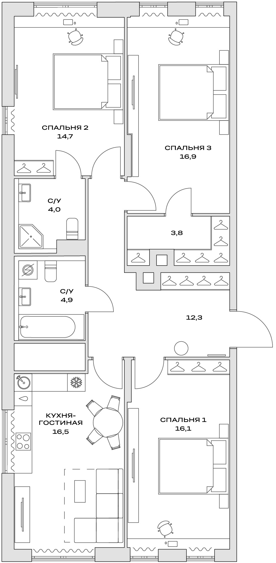 Планировка — Детали, 4-комн., 89 м²