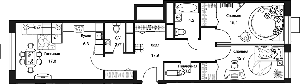 Планировка — Stellar City, 3-комн., 80 м²