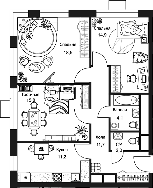 Планировка — Stellar City, 3-комн., 78 м²