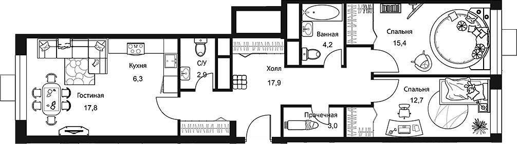 Планировка — Stellar City, 3-комн., 80 м²