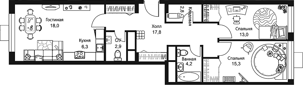 Планировка — Stellar City, 3-комн., 80 м²