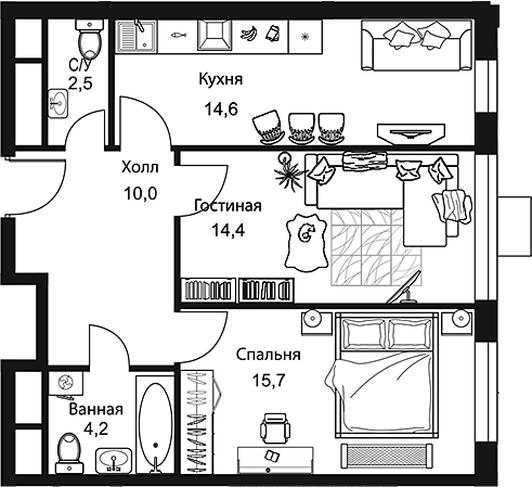 Планировка — Stellar City, 2-комн., 61 м²