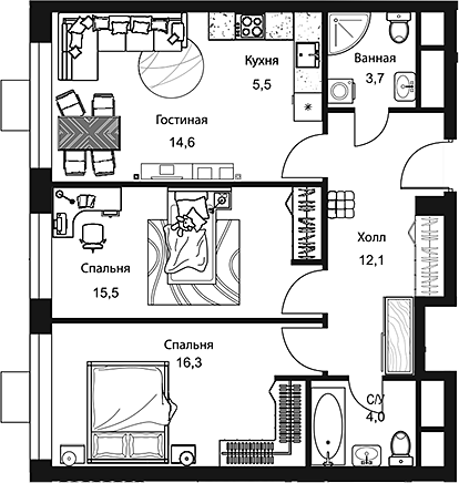 Планировка — Stellar City, 3-комн., 72 м²