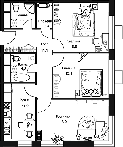 Планировка — Stellar City, 3-комн., 83 м²