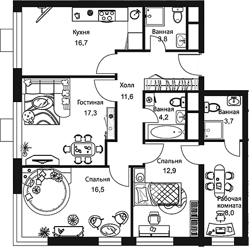 Планировка — Stellar City, 3-комн., 95 м²