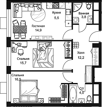 Планировка — Stellar City, 3-комн., 73 м²