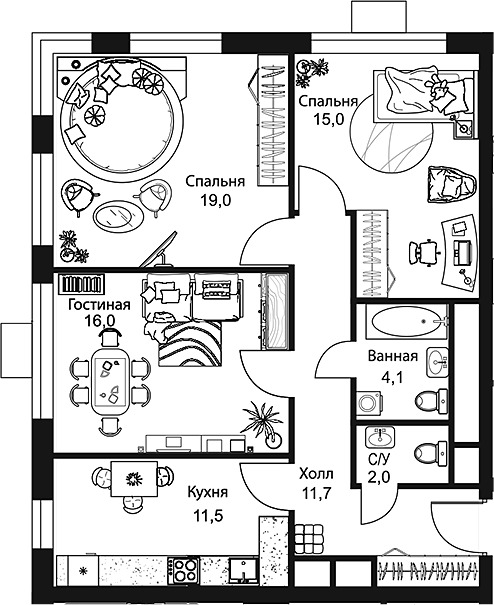 Планировка — Stellar City, 3-комн., 79 м²