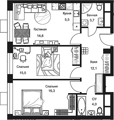 Планировка — Stellar City, 3-комн., 72 м²
