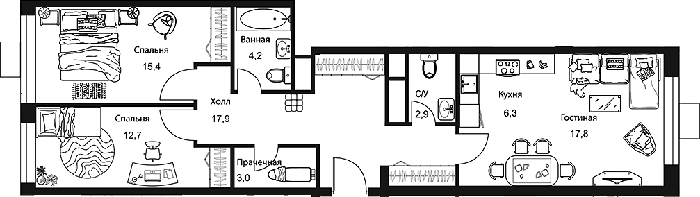 Планировка — Stellar City, 3-комн., 80 м²