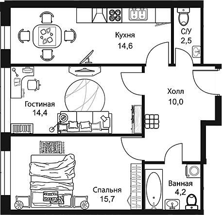 Планировка — Stellar City, 2-комн., 61 м²