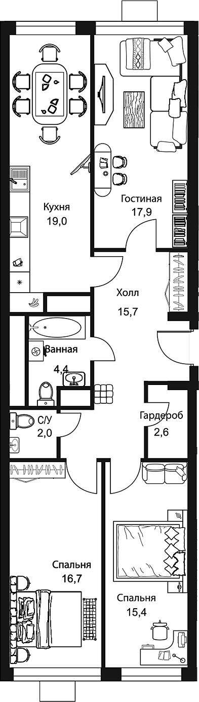 Планировка — Stellar City, 3-комн., 94 м²