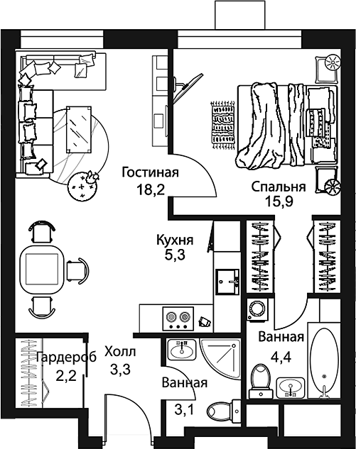 Планировка — Stellar City, 2-комн., 52 м²