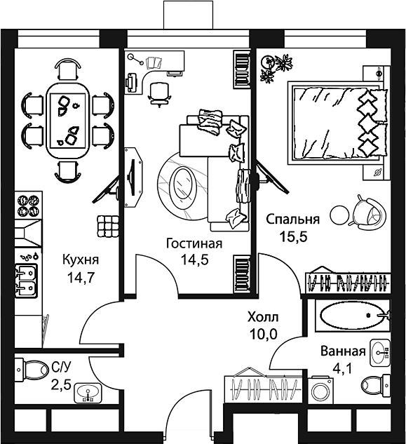 Планировка — Stellar City, 2-комн., 61 м²