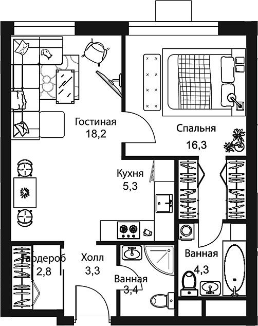 Планировка — Stellar City, 2-комн., 54 м²