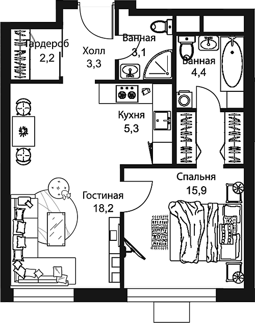Планировка — Stellar City, 2-комн., 52 м²
