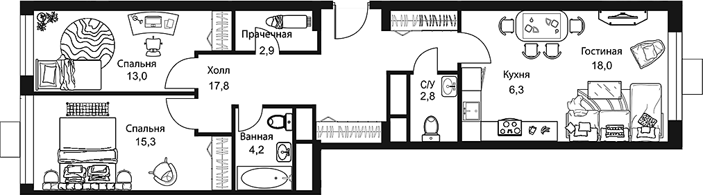 Планировка — Stellar City, 3-комн., 80 м²