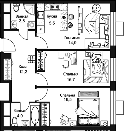 Планировка — Stellar City, 3-комн., 73 м²