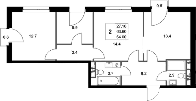 Планировка — Легенда Марусино, 2-комн., 64 м²