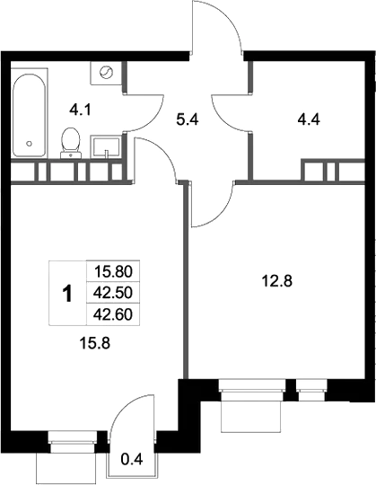 Планировка — Легенда Марусино, 1-комн., 43 м²