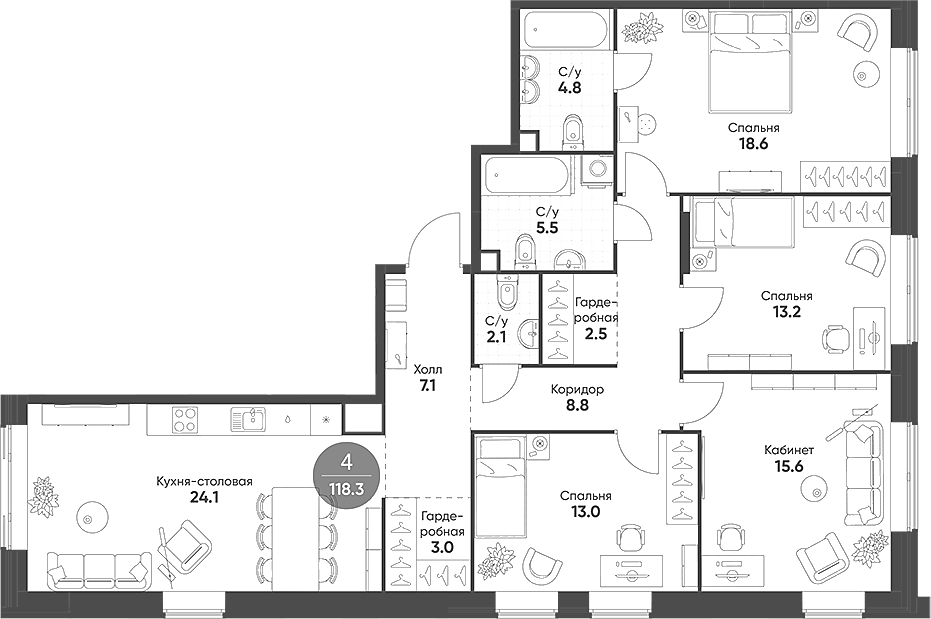 Планировка — Mariinn Park, 5-комн., 118 м²