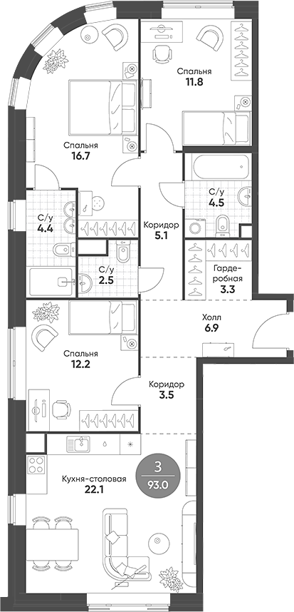 Планировка — Mariinn Park, 4-комн., 93 м²