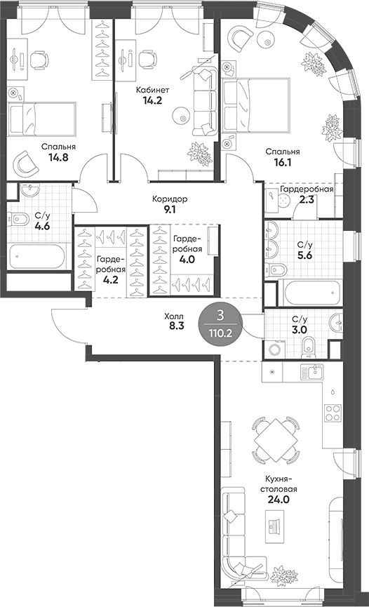 Планировка — Mariinn Park, 4-комн., 110 м²