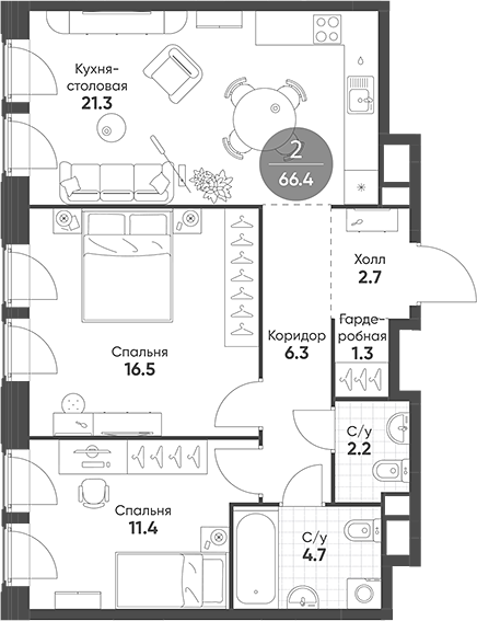 Планировка — Mariinn Park, 3-комн., 66 м²