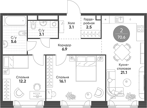 Планировка — Mariinn Park, 3-комн., 77 м²