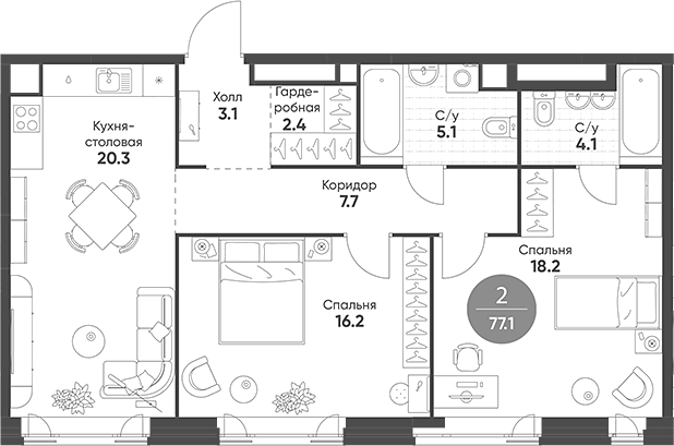 Планировка — Mariinn Park, 3-комн., 77 м²