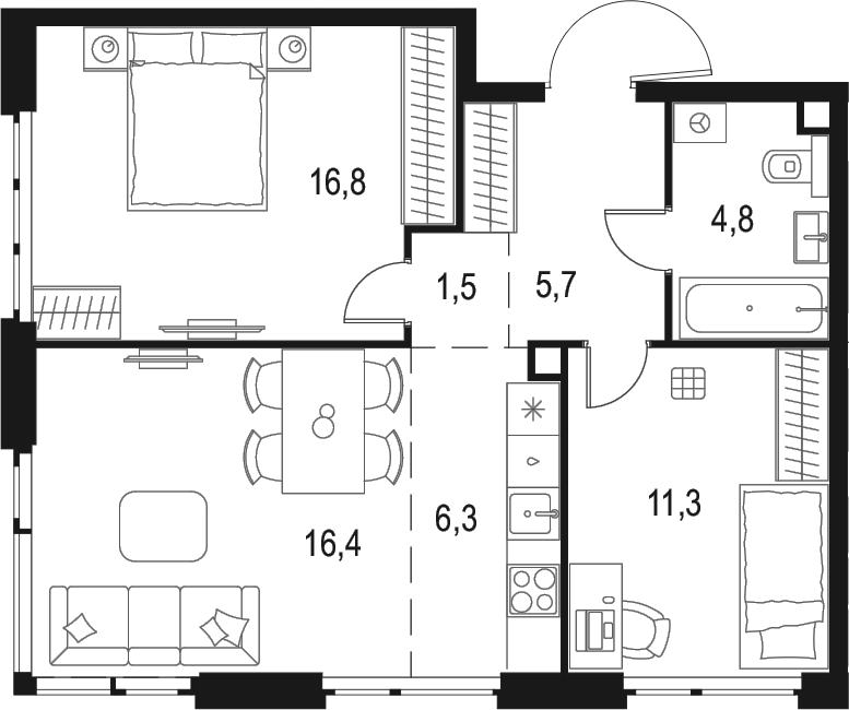 Планировка — Левел Мичуринский, 3-комн., 63 м²