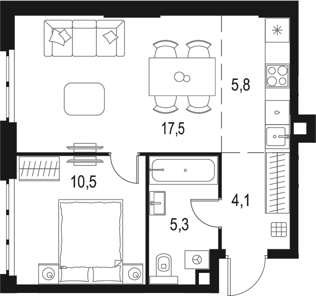Планировка — Левел Мичуринский, 2-комн., 43 м²