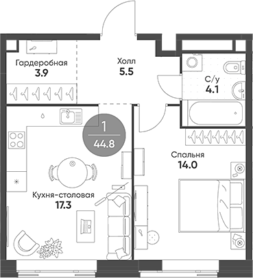 Планировка — Mariinn Park, 2-комн., 45 м²