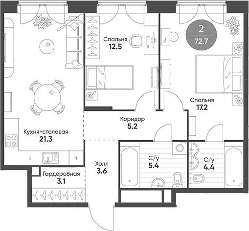 Планировка — Mariinn Park, 3-комн., 73 м²