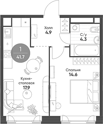 Планировка — Mariinn Park, 2-комн., 42 м²