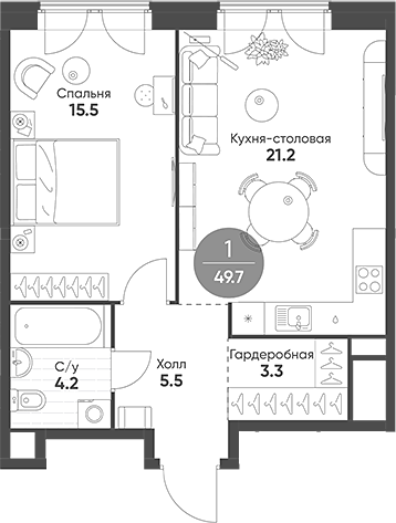 Планировка — Mariinn Park, 2-комн., 50 м²