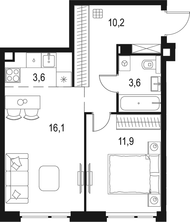 Планировка — Левел Мичуринский, 2-комн., 45 м²