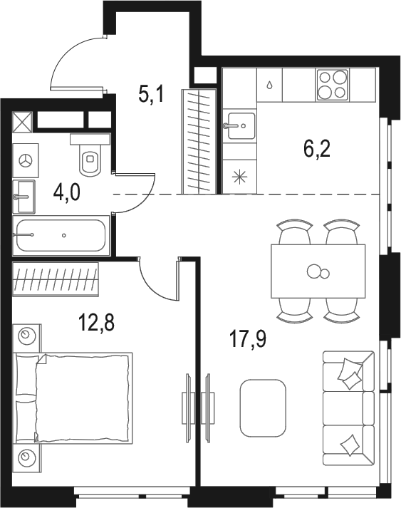 Планировка — Левел Мичуринский, 2-комн., 46 м²